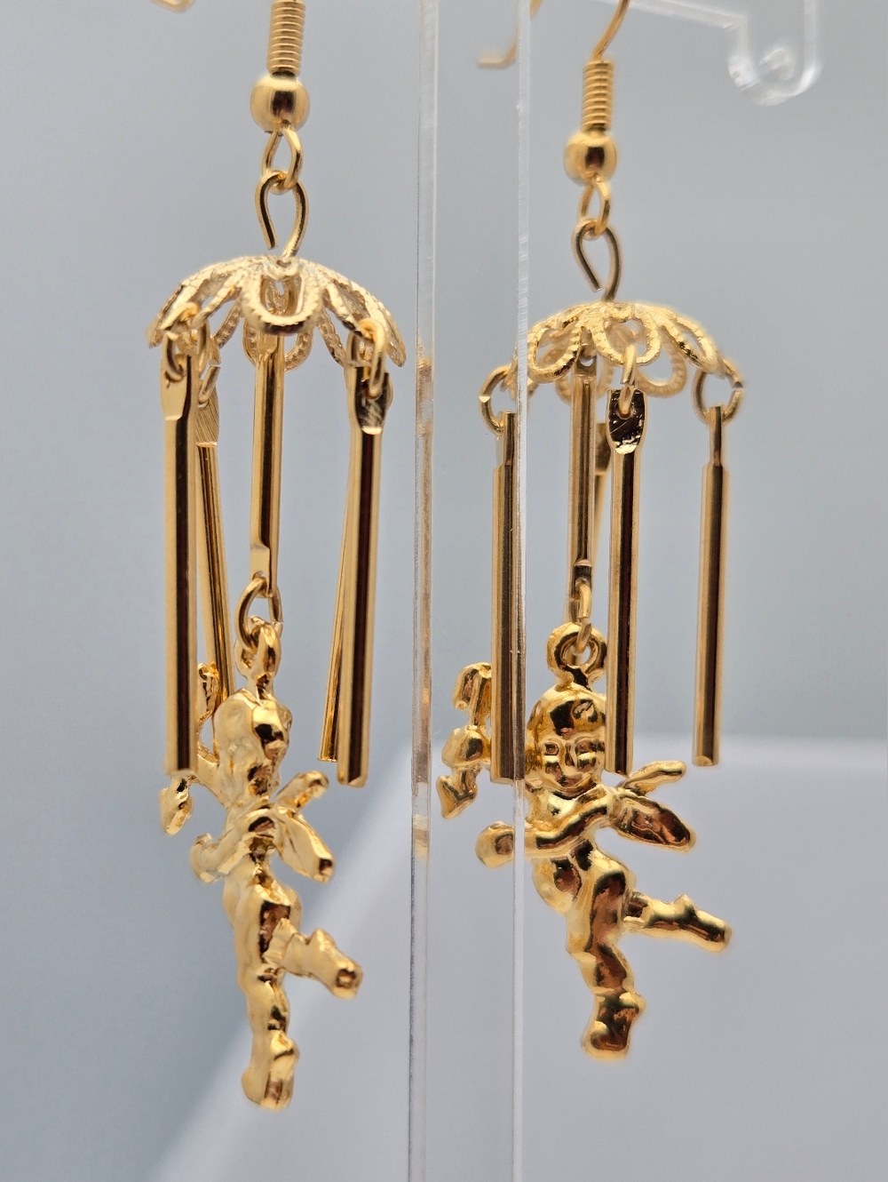 Angel Drop Earrings Cage Design 2.5" Statement Vintage Gold Tone Chandelier